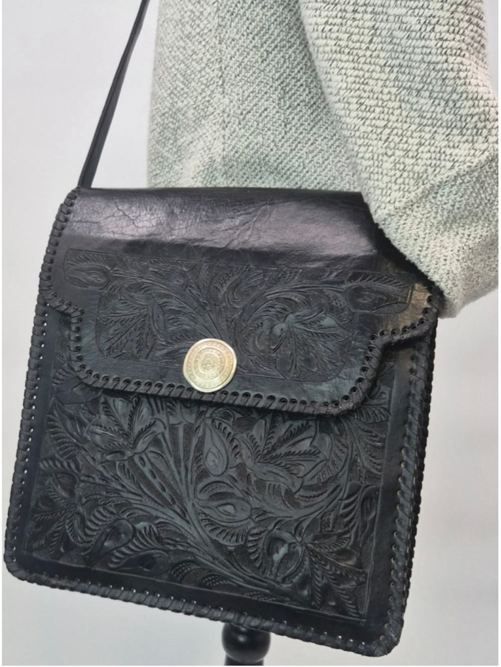 Vintage Black Tooled Leather Crossbody Bag Floral Western Boho Hand Tooled Purse